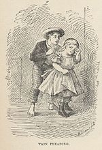 Jeune garçon tentant de consoler une petite fille, vêtements traditionnels et chapeaux.