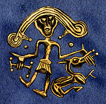 The image on a fifth-century CE bracteate found in Trollhattan, Vastergotland, Sweden (modern drawing by Gunnar Creutz). The bracteate suggests a version of the myth of Tyr's losing his hand during the binding of the monstrous wolf Fenrir. Tyr-brakteaten fran Naglum, Trollhattan (SHM 1164) tecknad.jpg