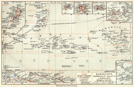 Mapa de la Micronèsia alemanya, amb els límits dels districtes, 1905