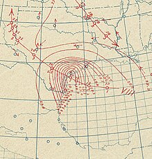Contour map of the hurricane's isobars and trajectory