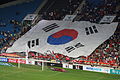 Haiti'ye karşı futbol maçı sırasında Güney Kore bayrağının büyük bir göstermesi.