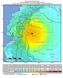 美国地质调查局提供的本次地震震度分布图，震央以五角星标识。