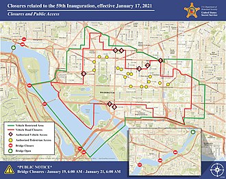 Security-related site restrictions in and around the National Mall, Southwest D.C., Capitol Hill, and downtown Washington, D.C., on Inauguration Day 2021 Inauguration Public Access Map.jpg