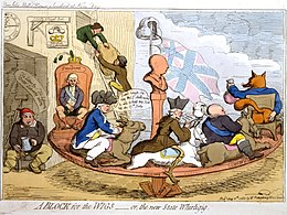 In A Block for the Wigs (1783), James Gillray caricatured Fox's return to power in a coalition with North. George III is the blockhead in the centre. A-Block-for-the-Wigs-Gillray.jpeg