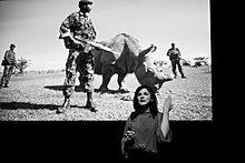 Ami Vitale devant sa photo d'un rhinocéros entouré de gardes forestiers, sur la scène du festival World Press Photo 2018 à Amsterdam