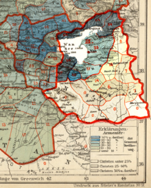 The checkered Christian districts southeast of Lake Van is where the Assyrians of Hakkari lived, while the Christian districts in Blue designate where Armenians lived Armenian population of Van province in 1896.png