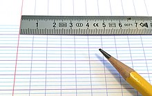 französische Seyès Lineatur mit Bleistift und Lineal als Größenreferenz