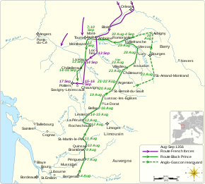 a map showing the route of the Black Prince's division during the campaign and dates of visits to various places, and similar for King John II's army