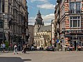 Brussels, street view (Rue Joseph Stevens) with churchtower (l’église Notre-Dame de la Chapelle)