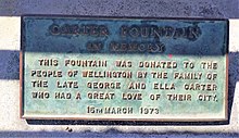 Image of plaque dedicating fountain to George and Ella Carter.