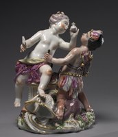 Chelsea porcelain, Europe and America (with their sceptre and bow now broken off), c. 1760. A purple alligator between America's feet.