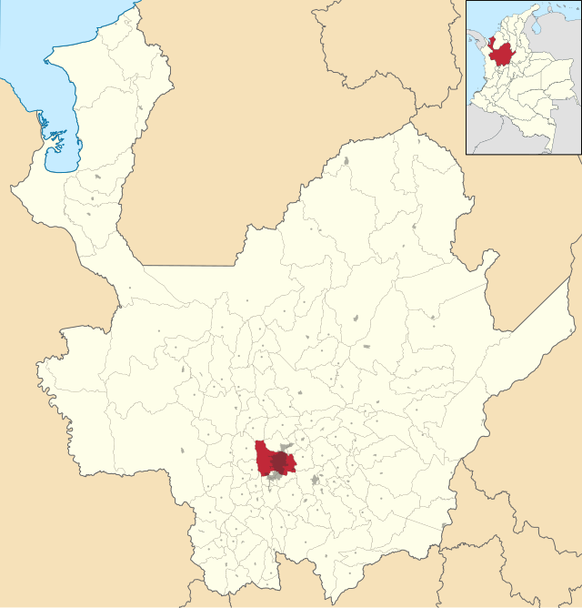 Location o the ceety (in daurk gray) an municipality (reid) o Medellín in Antioquia Depairtment.