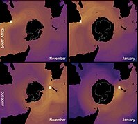 Компіляція знімків вітрового поля в Південній півкулі, зроблених супутником QuikSCAT (NASA)