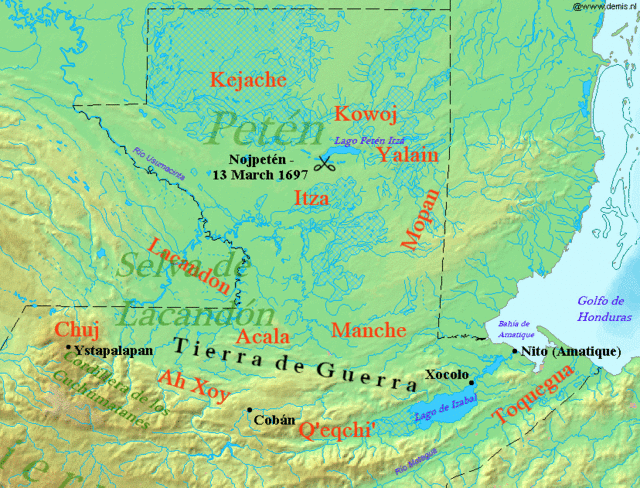 Northern Guatemala is a flat lowland plain dropping off from the Cuchumatanes mountain range sweeping across in an arc to the south. To the east of the mountains is the large lowland Lake Izabal, with an outlet into the Amatique Bay to the east, which itself opens onto the Gulf of Honduras. Immediately north of the mountains is the Lacandon forest, with Petén to the northeast. Ystapalapán was a settlement in the western Cuchumatanes, in the territory of the Chuj. Cobán was in Q'eqchi' territory, in the foothills halfway between Ystapalapán in the west and Lake Izabal in the east. Xocolo was at the northeastern extreme of Lake Izabal, where it flows out towards the sea. Nito, also known as Amatique, was on the coast where the river flowing out of the lake opened into the Amatique Bay. The area south of the lake was Toquegua territory. The Manche occupied the lands to the northwest of the lake, with the Acala to their west between the Manche and the Chuj. The Lacandon were northwest of the Acala, straddling the border with Mexico. Lake Petén Itzá was in the centre of Petén, to the north. It was the location of Nojpetén, with the Itza lands stretching southwards from the lake. To the east of the Itza and northeast of the Manche were the Mopan, on the border with Belize. North of the Mopan were the Yalain, east of Lake Petén Itzá. The Kowoj were to the northeast of the lake and the Kejache to the northwest. The "Tierra de Guerra" ("Land of War") covers a broad northern swathe of the mountains and the southern portion of the lowlands.