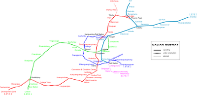 Schematic railroad map, with color-coded lines