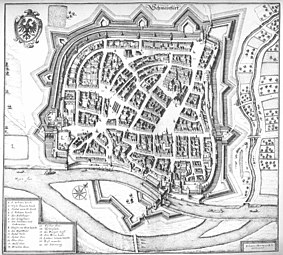 Unterlauf des Marienbachs unmittelbar östlich (rechts) der Reichsstadt Schweinfurt. M. Merian 1656