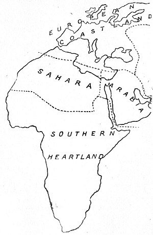 Fig. 16.—The World-Island, divided into six natural regions. (Equal areas projection.)