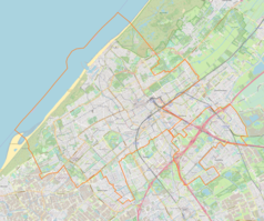 Mapa konturowa Hagi, w centrum znajduje się punkt z opisem „Den Haag Centraal”