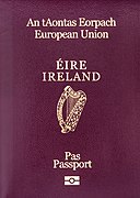 A European passport, displaying the name of the member state, the national arms and the words "European Union" given in their official language(s). (Irish version pictured)