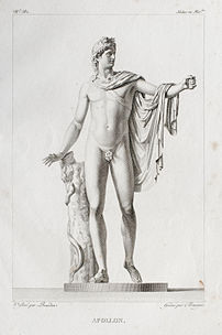 Gravure à l’eau-forte représentant l’Apollon du Belvédère (Pierre-Michel Bourdon dans Cours historique et élémentaire de peinture ou Galerie complette du Museum central de France, 1813). (définition réelle 2 142 × 3 225)