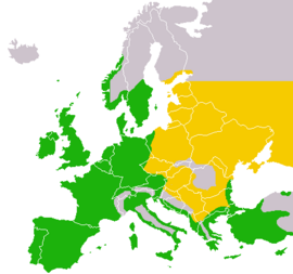 Distribución en Europa, amarillo verano, verde todo el año
