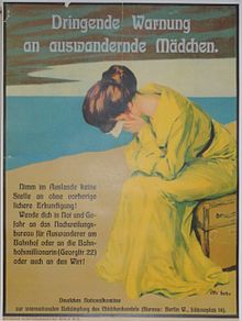 Un poster che avverte le donne e le ragazze tedesche del pericolo della tratta di esseri umani negli Stati Uniti (1900 circa).