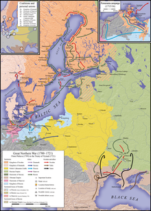 Campaigns and territorial changes 1700–1709 (left) and 1709–1721 (right)