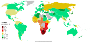 Meratanya HIV diantara orang dewasa per negara pada akhir tahun 2005.    ██ 15–50% ██ 5–15% ██ 1–5%   ██ 0.5–1.0% ██ 0.1–0.5%   ██ <0.1% ██ tidak ada data  