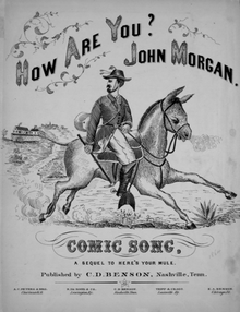 Dessin stylisé d'un homme sur une mule, vêtu d'un veston avec des plumes dans son chapeau ; la partition s'intitule How Are You John Brown, Comic song, Sequel to Here's Your Mule