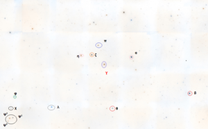 gauche]Image DSS centrée sur gamma Aquarii, avec quelques étoiles voisine marquées