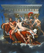 Tableau qui montre le dieu Mars et Venus assise à ses côtés. avec Cupidon et trois graces. Sur le fond un temple grec.