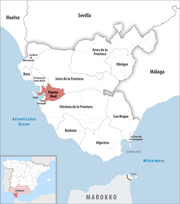 Die Lage des Gerichtsbezirk Puerto Real in der Provinz Cádiz