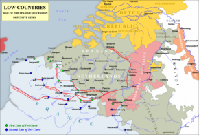 Low Countries; note the location of Prince-Bishopric of Liege (in pink). Red lines show the pre carre
, a double line of fortresses guarding the French border. Low Countries 1700 and entrenched lines.png