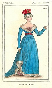 Marie de Fayel, Comtesse de Dammartin, dessin de Léopold Massard, Costumes français depuis Clovis jusqu'à nos jours, Ed. Milliez frères, Paris, 1855