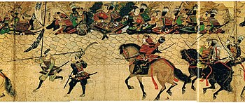 Samurai and defensive wall at Hakata. Moko Shurai Ekotoba, (蒙古襲来絵詞) c.1293.