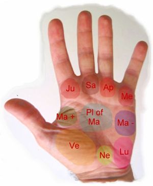 English: The mounts of the hand used in palm r...