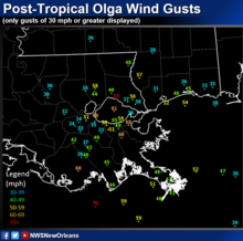 Map showing the location and strength of peak wind gusts in the lower Mississippi valley 39 mph (63 km/h)