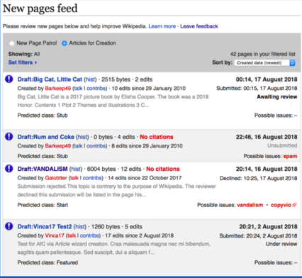 This is a mockup (not actual software) of a potential configuration of the New Pages Feed in English Wikipedia.