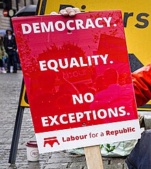 A Labour for a Republic sign at a demonstration against the coronation of Charles III and Camilla on 6 May 2023 No Exceptions. Labour For A Republic (52880412299) (cropped).jpg