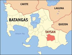 Mapa ng Batangas na nagpapakita sa lokasyon ng Taysan .