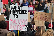 "What happened to 'All Lives Matter'?" sign at a protest against Donald Trump, January 29, 2017 Rally Against the Immigration Ban (31797745824).jpg