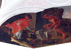 El santo y el diablo, pintura del siglo XVIII en la capilla del santo en Sankt Wolfgang im Salzkammergut