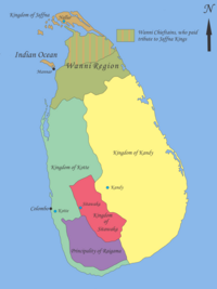 The Kingdom of Kandy at its greatest territorial extent, 1520s Sri Lanka geopolitics - after "Spoiling of Vijayabahu".png