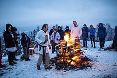 Group of Polish Rodnovers celebrating a ritual in winter. Szczodre Gody MIR 3.jpg