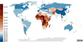 Map of countries and territories by fertility rate as of 2020 Total Fertility Rate Map by Country.svg