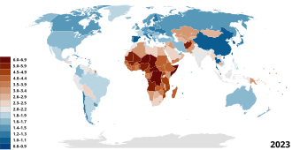 Map of countries by fertility rate, according to the Population Reference Bureau Total Fertility Rate Map by Country.svg