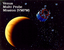 The Venus Multiprobe Mission involved sending 16 atmospheric probes into Venus in 1999. Vmpmvenus.gif