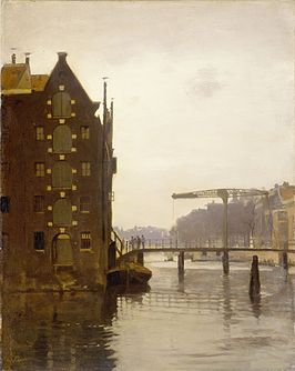 Pakhuizen aan een Amsterdamse gracht op Uilenburg, Willem Witsen, 1911. De Peperbrug tussen Uilenburg en Rapenburg