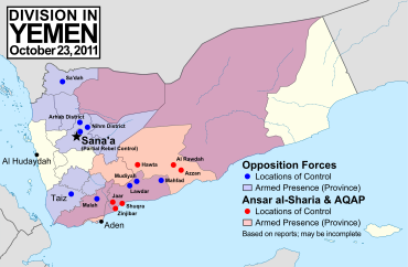Situation in Yemen in October 2011. Yemen division 2011-10-23.svg