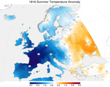 Anomálie (rozdíl) teplot v Evropě roku 1816. V jistých oblastech je však teplota nadnormální. Podle dat z Klementina[9] je například průměrná červencová teplota roku 1816 cca jen 1 °C pod normálem, ale takováto průměrná teplota meziročně fluktuuje o více než 1 °C.